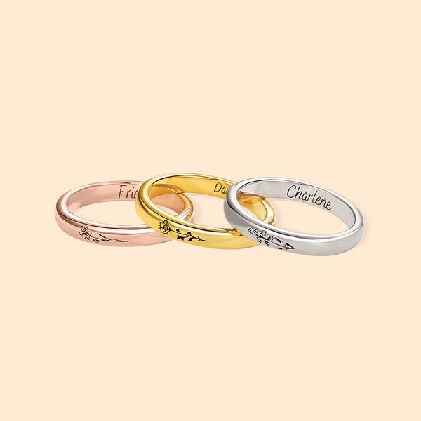 Personalizado Grabado Nacimiento Flor Delgada Banda Anillo con Nombre Joyería Minimalista Cumpleaños Día de la Madre Regalo para Ella