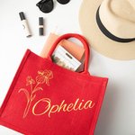 Personalisierte Rote Jute Tragtasche und Geburtsblume & Name Geburtstag Weihnachten Geschenk für Damen Familie