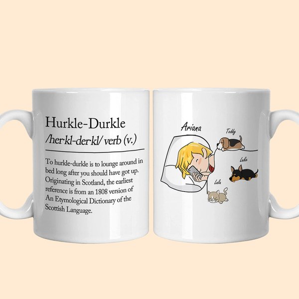 Tazza da caffè personalizzata in ceramica bianca a tema animale Hurkle Durkle con nomi, regalo di compleanno divertente per gli amanti dei cani e dei 