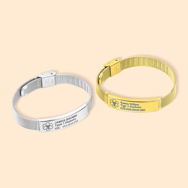 Personalized Adjustable Emergency Medical Alert ID Mesh Band Bracelet with Engraved Text Birthday Gift for Diabetes Allergy Epilepsy Autism