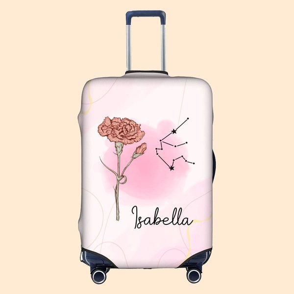 Gepersonaliseerd Een meisje dat echt van reizen hield Geboortebloem sterrenbeeld Bagagehoes Past 18-32 Inch Koffer Verjaardagscadeau voor haar