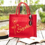 Personalisierte Rote Jute Tragtasche und Geburtsblume & Name Geburtstag Weihnachten Geschenk für Damen Familie