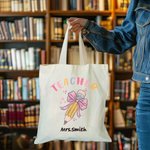 Personalized Teacher Pink Bow Pencil Canvas Tote Bag with Name Teacher’s Day Back to School Gift for Teacher