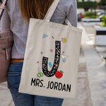 Personalized Pencil Apple Notebook Paper Elements Fun Letter Canvas Tote Bag with Name Apperciation Back to School Gift for Teacher