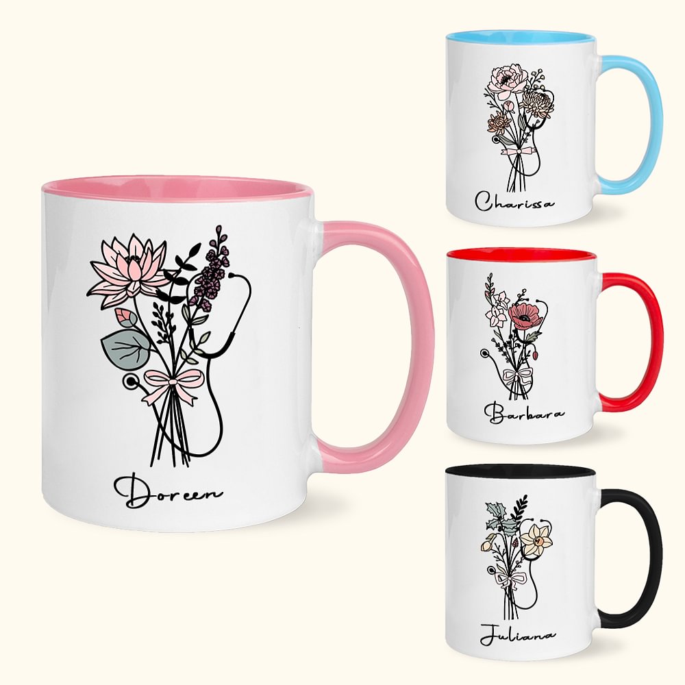 Tasse à Café Personnalisée avec Nom et Fleur de Naissance à Stéthoscope Cadeau de Remerciement pour Infirmière Médecin