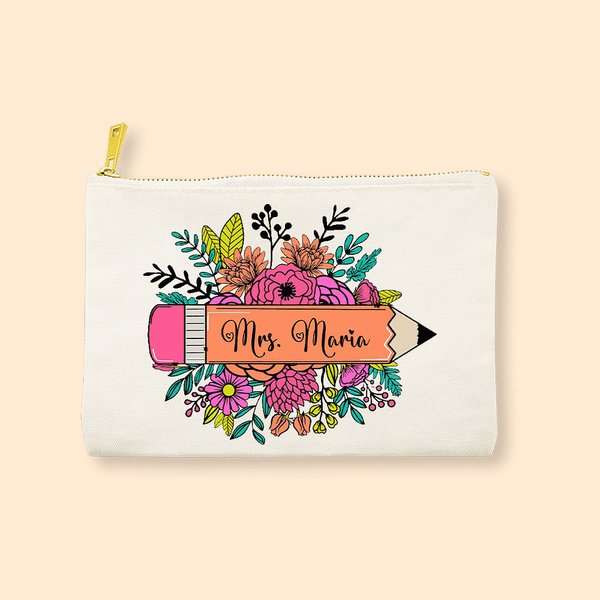 Personalized Flower Pencil Design Canvas Pencil Bag with Name Thanksgiving Teacher's Day Appreciation Gift for Teacher