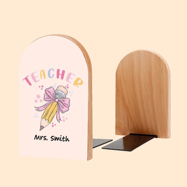 Henkilökohtainen 1 pari Pencil Coquette Bow Heavy Duty Wood Bookends kanssa nimi takaisin kouluun arvostus lahja opettajalle