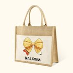 Personalized Pencil Bow-knot Name Jute Tote Bag Large Capacity with Front Pocket Teacher's Day Appreciation Gift for Teacher