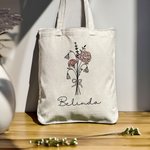 Personalized Birth Flower Bouquet Bow Canvas Tote Bag with Name Birthday Wedding Gift for Her