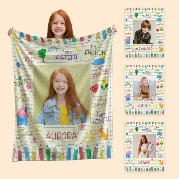 Personalised Colourful Pencil Drawing Self Affirmation Soft Blanket with Photo and Name Children's Day Birthday Inspirational Gift for Kid