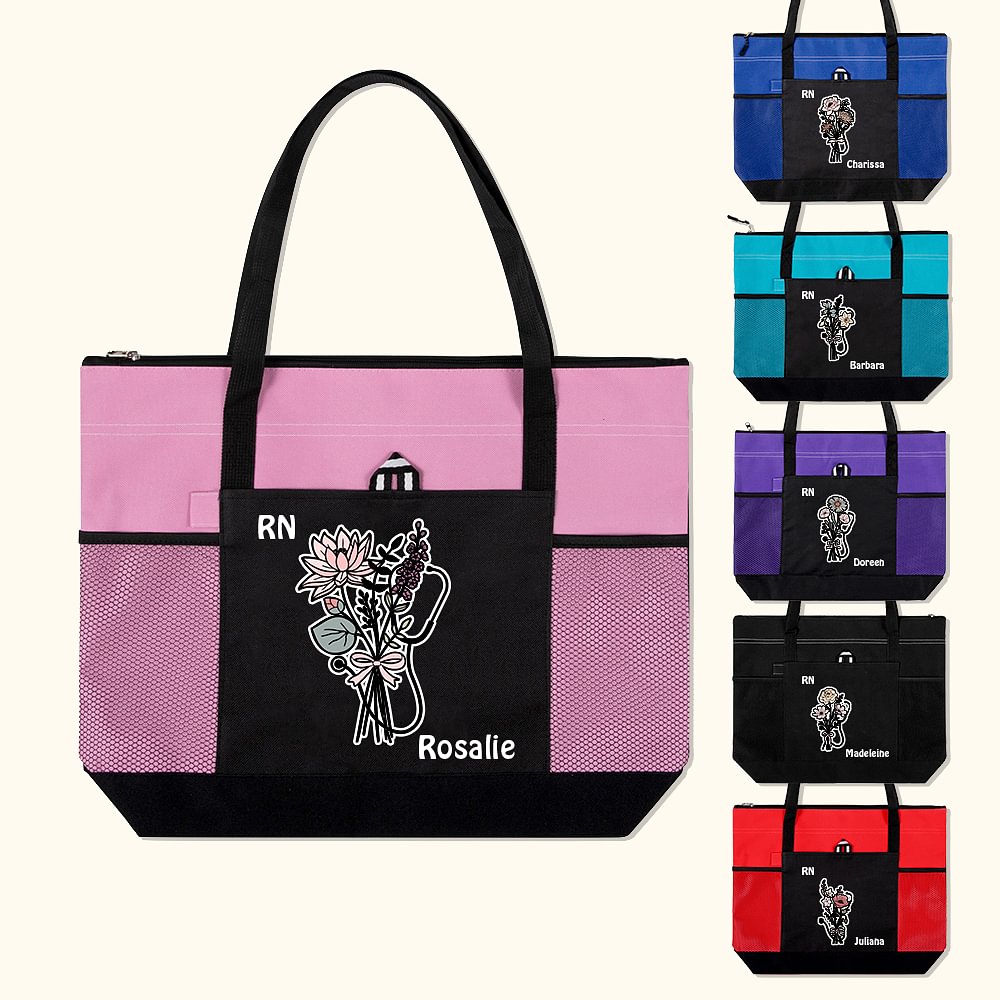Sac Tissu Oxford Personnalisé avec Fleur de Naissance Titre Nom de Style Stéthoscope Bouquet Cadeau Remerciement Graduation pour Infirmière Médecine