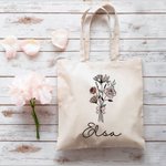 Personalized Birth Flower Bouquet Bow Canvas Tote Bag with Name Birthday Wedding Gift for Her