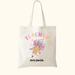 Personalized Teacher Pink Bow Pencil Canvas Tote Bag with Name Teacher’s Day Back to School Gift for Teacher