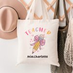 Personalized Teacher Pink Bow Pencil Canvas Tote Bag with Name Teacher’s Day Back to School Gift for Teacher
