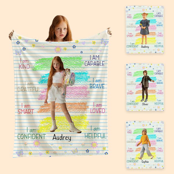 Personalized Colorful Crayon Drawing Self Affirmation Soft Blanket with Photo and Name Children's Day Birthday Inspirational Gift for Kid