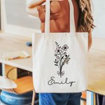 Personalized Birth Flower Bouquet Bow Canvas Tote Bag with Name Birthday Wedding Gift for Her