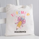 Personalized Teacher Pink Bow Pencil Canvas Tote Bag with Name Teacher’s Day Back to School Gift for Teacher