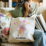 Personalized Teacher Pink Bow Pencil Canvas Tote Bag with Name Teacher’s Day Back to School Gift for Teacher