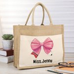 Personalized Pencil Bow-knot Name Jute Tote Bag Large Capacity with Front Pocket Teacher's Day Appreciation Gift for Teacher