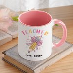Personalized Pencil Coquette Bow 11oz Ceramic Mug with Name Appreciation Back to School Gift for Teacher