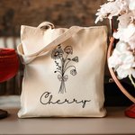 Personalized Birth Flower Bouquet Bow Canvas Tote Bag with Name Birthday Wedding Gift for Her