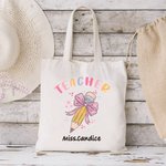 Personalized Teacher Pink Bow Pencil Canvas Tote Bag with Name Teacher’s Day Back to School Gift for Teacher