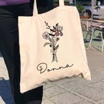 Personalized Birth Flower Bouquet Bow Canvas Tote Bag with Name Birthday Wedding Gift for Her