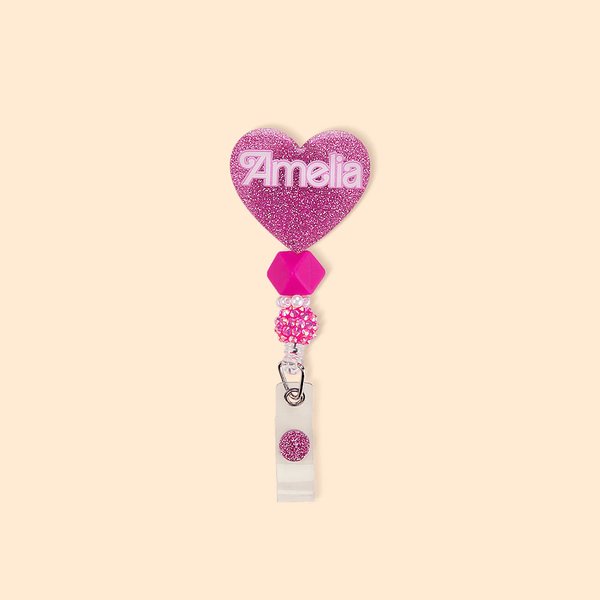 Hot Pink Doll Beaded Glitter Heart Badge Reel