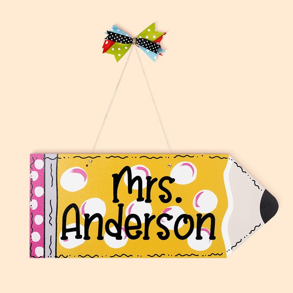 Personalized Pencil Wooden Welcome Hanging Sign with Name and Bow Tie Classroom Office Decor Back to School Teacher's Day Gift for Teacher