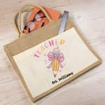 Personalisierte Bleistift rosa Schleife-Knoten Name Jute Tasche mit Fronttasche Tote Bag Lehrer Tag Wertschätzung Geschenk für Lehrer