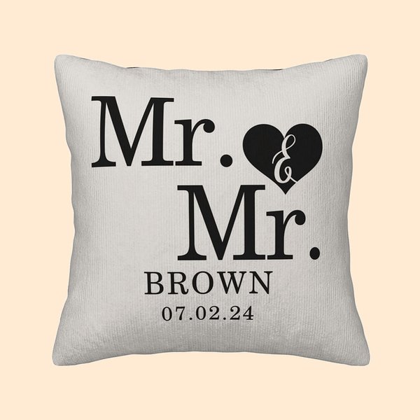 Personalized Love Heart Mr. & Mrs. Throw Pillow Cover with Name and Date Anniversary Valentine's Day Gift for Couple