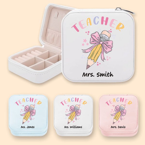 Personalized Pink Coquette Bow Pencil Design Leather Jewelry Box with Name Teacher's Day Appreciation Birthday Gift for Teacher