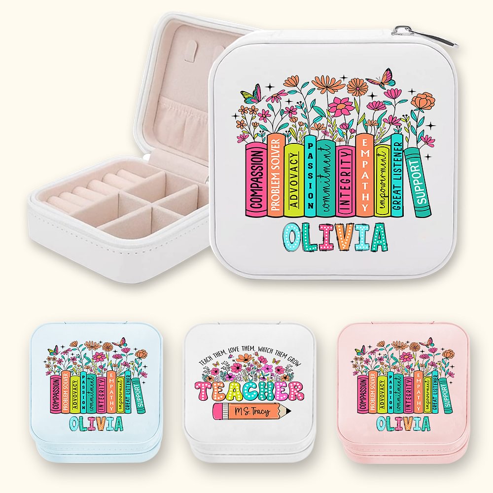 Boîte à Bijoux Personnalisée avec Nom Style Fleurs Livres Crayon Colorés Cadeau de Remerciement Retour à l'École Graduation pour Enseignant