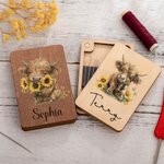 Personalized Highland Cow Wooden Magnetic Needle Box with Name Birthday Anniversary Gift for Sewing Lovers