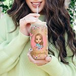 Gobelet en Verre Givré Personnalisé avec Nom et Personnage Verre avec Couvercle en Bambou et Paille Cadeau d'Anniversaire de Mariage pour Elle