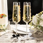 Flûtes à Champagne Personnalisées avec Texte et Date Gravés Set 2 Verres 222ml Ornés de Perles Rubans Cadeau Anniversaire Mariage pour Jeunes Mariés