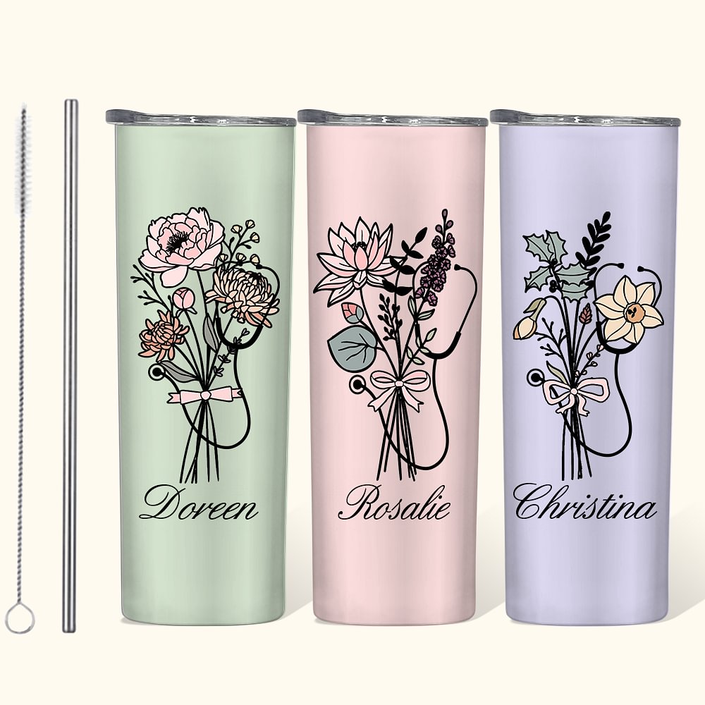 Bouquet di fiori di nascita personalizzato Stetoscopio 20 oz Tumbler con nome Laurea Regalo di apprezzamento per infermiere medico