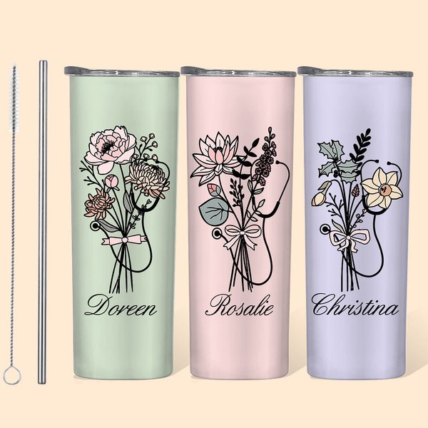 Personalisierte Geburt Blumenstrauß Stethoskop 20oz Becher mit Namen Graduierung Anerkennung Geschenk für Krankenschwester Arzt