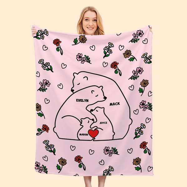 Personalisierte Herz umarmen Bären Geburt Blume Fleece weiche Decke mit 2-9 Namen Geburtstag Geschenk für Familie