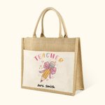 Personalisierte Bleistift rosa Schleife-Knoten Name Jute Tasche mit Fronttasche Tote Bag Lehrer Tag Wertschätzung Geschenk für Lehrer
