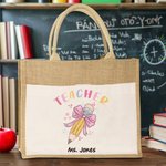 Personalisierte Bleistift rosa Schleife-Knoten Name Jute Tasche mit Fronttasche Tote Bag Lehrer Tag Wertschätzung Geschenk für Lehrer