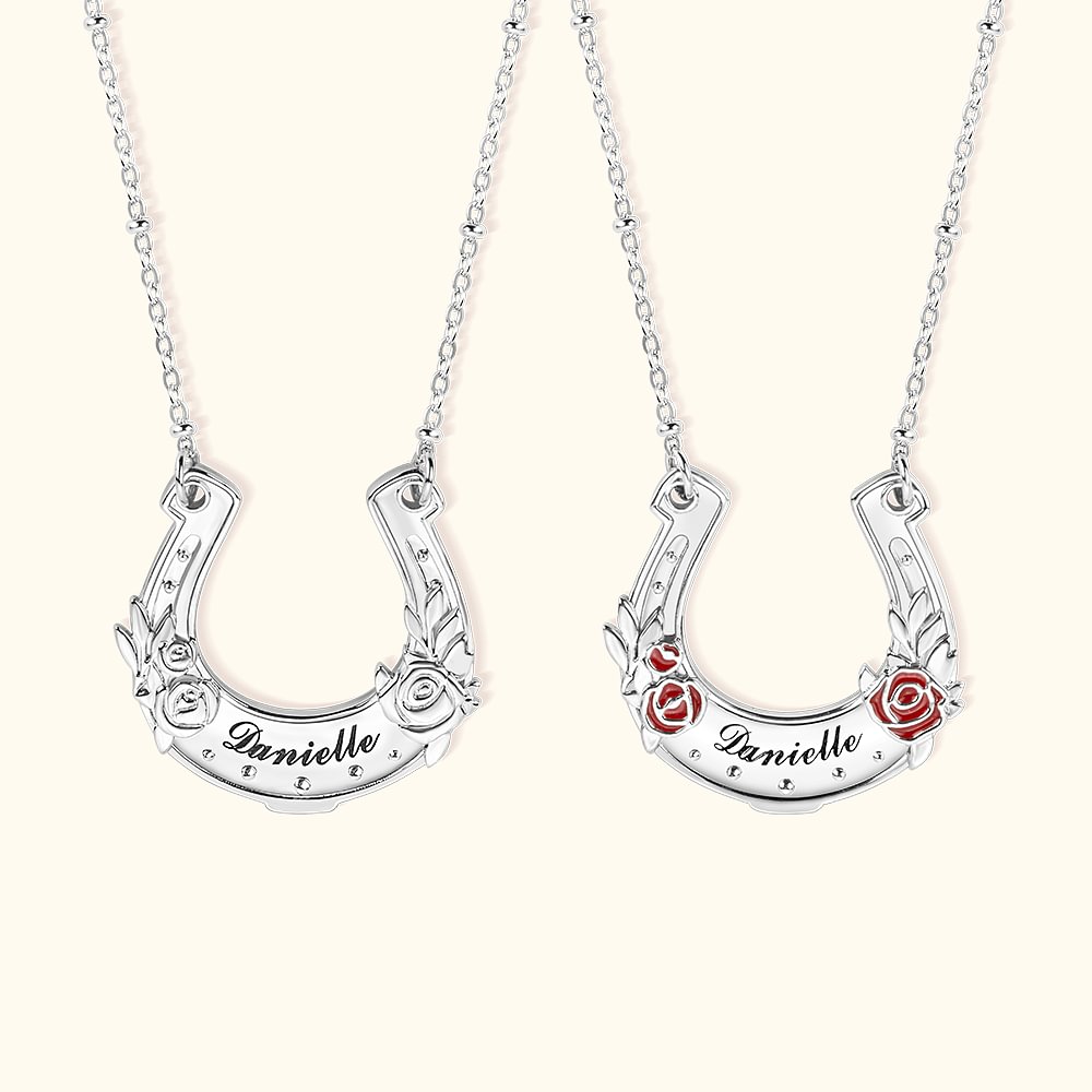 Collier personnalisé avec nom gravé - Porte-bonheur en forme de fer à cheval et rose - Cadeau d'anniversaire mariage pour femme amoureuse de cheval