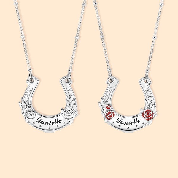 Personalized Horseshoe Rose Bayleaf Necklace with Engraved Name Lucky Charm Jewelry Engagement Ceremony Wedding Party Gift for Bride Horse Lovers