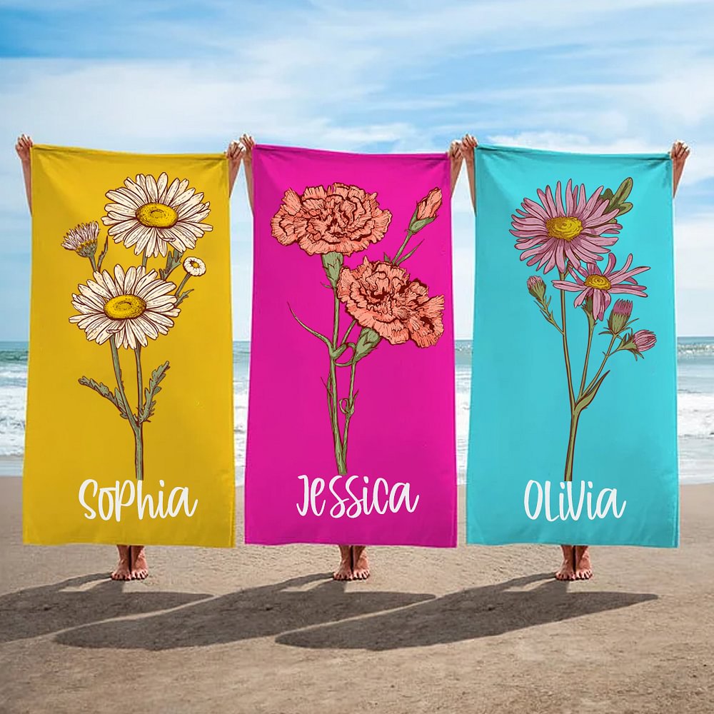 Serviette de Plage Personnalisée avec Fleur de Naissance et Nom à Séchage Rapide Cadeau Essentiel Voyage d'Été Mariage