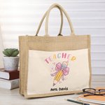 Personalisierte Bleistift rosa Schleife-Knoten Name Jute Tasche mit Fronttasche Tote Bag Lehrer Tag Wertschätzung Geschenk für Lehrer