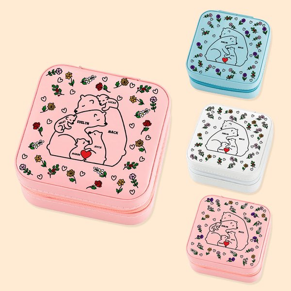 Personalisierte niedliche Liebe Umarmung Familie Bär Leder Schmuckkästchen mit Namen und Geburt Blume Portable Travel Accessoire Geburtstag Muttertag 