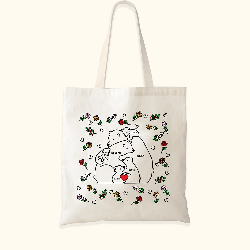 Sac en Toile Personnalisé avec 2-9 Ours Fleurs de Naissance et Noms Cadeau Anniversaire Fête pour Femme Famille