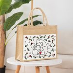 Personalized Cute Love Hugging Family Bear Jute Tote Bag with Name Birth Flower and Canvas Pocket Birthday Mother's Day Gift for Her