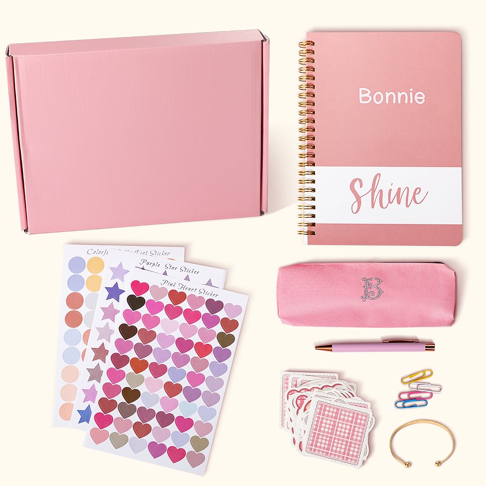 Set de Journal Rose Personnalisé avec Nom Cadeau d'Anniversaire Rentrée Scolaire pour Adolescente Fille