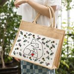 Personalized Cute Love Hugging Family Bear Jute Tote Bag with Name Birth Flower and Canvas Pocket Birthday Mother's Day Gift for Her